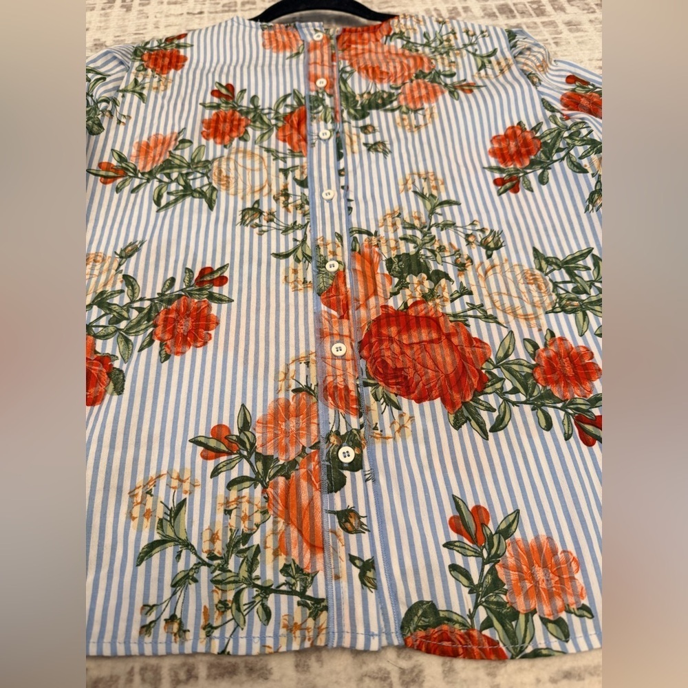 Cupio Blue and White Striped Floral Print Bell Sleeve Blouse - Size M - Picture 8 of 12